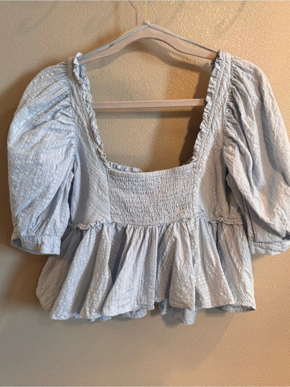 Free People Leave it to Me Pale Blue Square Neck Puff Sleeve Peplum Top